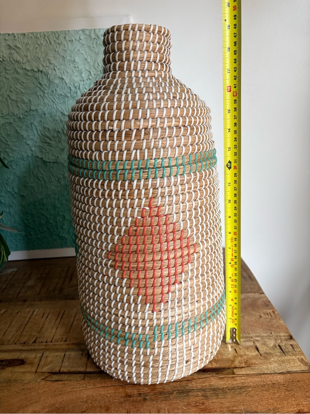 Handwoven Natural Seagrass Decorative Vase with Red Diamond Accent